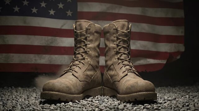 Cinematic 4K Military Combat Boots Standing on Gravel in Front of the American Flag for Memorial Day and Fourth of July Tribute