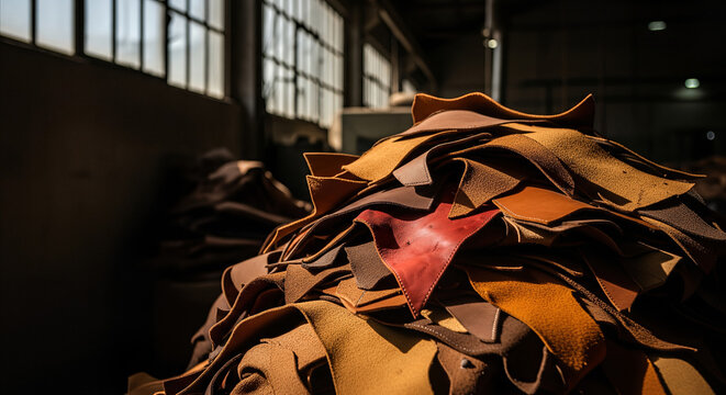 Pile of colorful leather offcuts with rich textures in a dimly lit factory, showcasing material remnants and industrial detail
