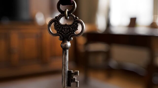 Antique Skeleton Key Hanging in Softly Lit Room.
