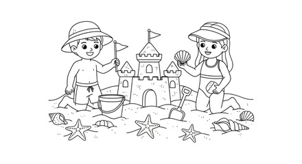 Obraz premium Children Building Sandcastle on Beach.