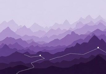 Naklejka premium A layered purple mountain range illustration with a dotted path winding through the peaks, creating a sense of depth and adventure.