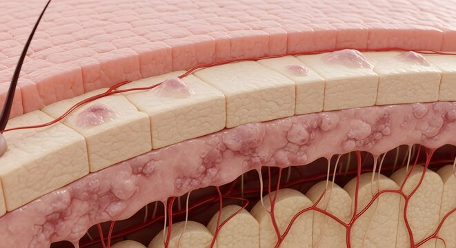 Detailed 3D rendering of human skin cross-section illustrating epidermal, dermal, and subcutaneous layers with inflammatory cells