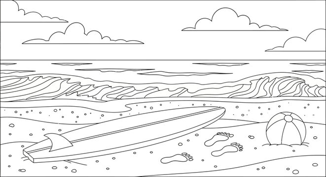 Surfboard on the sandy beach shore.