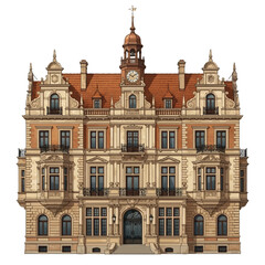 Fototapeta premium Historic European-style building with ornate architecture and red-tiled roof.