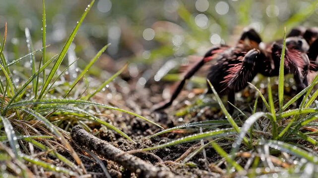 Closeup of a hairy tarantula spider walking on wet grass in the morning.