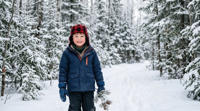 Portrait of a smiling boy in a hunter cap standing in a snowy winter forest in the USA, happy child outdoors in cold weather, family lifestyle, seasonal adventure & wholesome childhood concept with