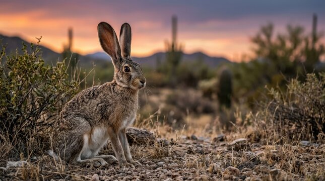 Close-up portrait of an Arizona jackrabbit sitting in the desert at dusk, wild hare in arid habitat with tall ears & alert posture, North American wildlife, nature observation & desert ecosystem