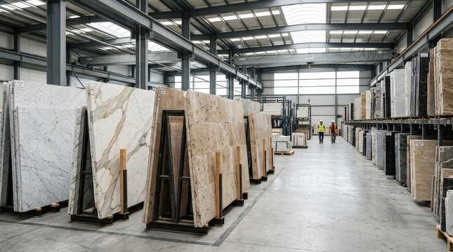 Marble and travertine slabs in a warehouse setting, natural stone materials display, architecture and interior design supply concept, strong commercial stock relevance for construction and surfaces,