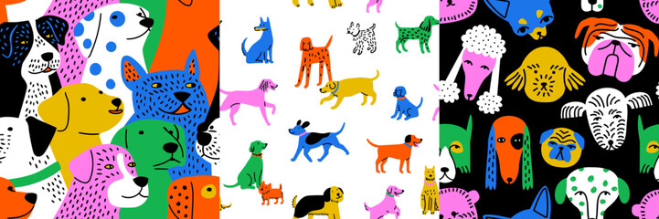 Fototapeta na wymiar Funny dog animal crowd cartoon seamless pattern set in flat illustration style. Cute puppy pet group background, diverse domestic dogs breed wallpaper.