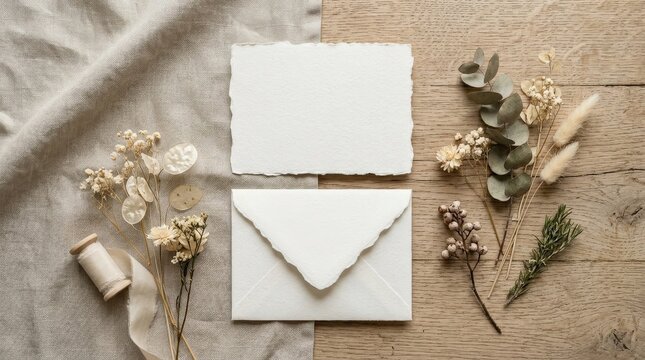Close-up overhead view of a blank white deckle edge card & envelope on a table with dried plant & linen fabric, refined stationery mockup for wedding, invitation, minimal branding & elegant paper