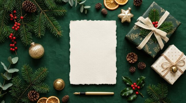 Overhead view of a blank deckle edge card with wrapped gift boxes, festive Christmas ornaments & fir branches on a green background, elegant seasonal stationery mockup for greeting, invitation or