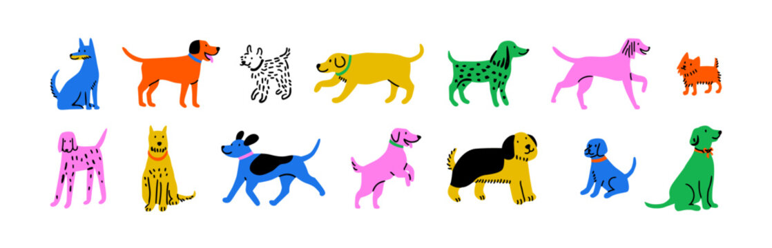 Funny dog animal icon cartoon set in quirky colorful flat illustration style. Cute doggy pet collection, diverse domestic dogs playing.