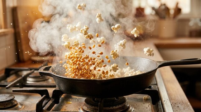 Popcorn exploding from a hot pan with fluffy kernels filling the air, steam rising, lively cooking moment, cinematic kitchen action, appetizing detail, realistic textures, warm light, premium food and
