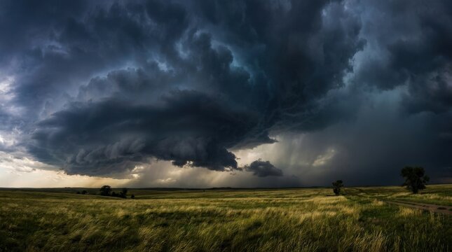 Massive storm cloud over a grassy plain, dramatic weather landscape for nature, climate, power and environment themes, vast open field beneath towering cloud formations, moody light, strong contrast,