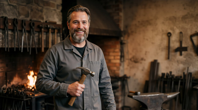 Smiling middle aged male blacksmith holding a hammer in his workshop. Portrait of a craftsman standing in front of a glowing forge and anvil. Traditional metalwork and artisan concept