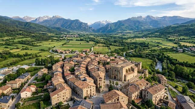Aerial view of the townscape with a local church, Llivia, Cerdanya, Girona, Catalonia, Spain, premium travel destination, landmark scenery, strong sense of place, tourism appeal, copy space, high