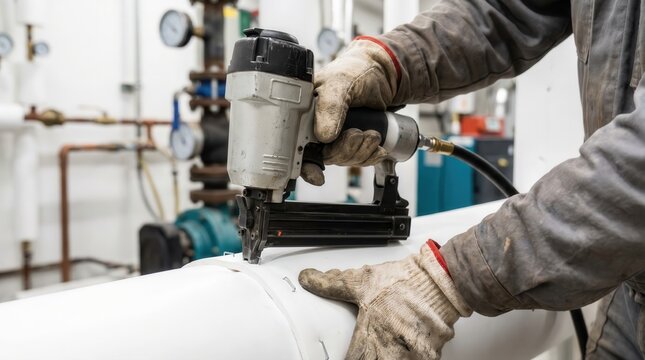 Worker using a pneumatic staple gun to install white insulation on an industrial pipe