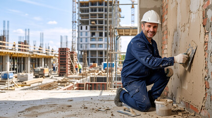 Fototapeta premium Smiling male construction worker in hard hat plastering a brick wall with a trowel. Happy builder kneeling at an outdoor building site