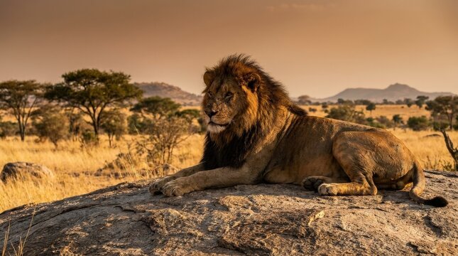 Majestic lion resting on a rock outcrop, powerful wildlife portrait, calm authority, natural savanna atmosphere, detailed mane and muscular body, warm sunlight, dramatic vantage point, realistic