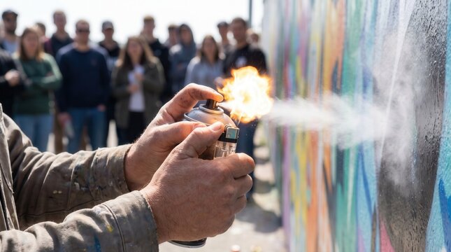 Street artist using a lighter and spray paint can to create a flame thrower effect against a wall