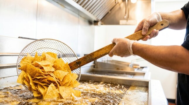 Chef using a wire skimmer to lift a large batch of freshly fried tortilla chips from a deep fryer