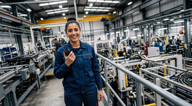 Smiling female factory worker holding two-way radio on elevated walkway. Portrait of confident woman supervisor in blue uniform inside modern industrial manufacturing plant