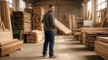 Fototapeta premium Smiling male carpenter holding a wooden plank in a workshop. Professional woodworker in a lumber warehouse. Woodworking industry and craftsmanship concept
