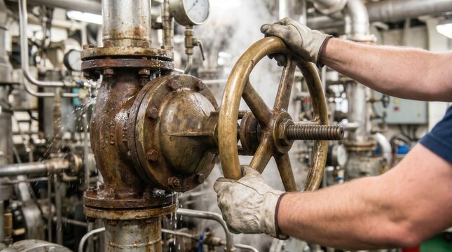 Industrial worker wearing gloves turning a large brass handwheel on a steam pipe valve