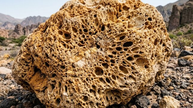 Golden pumice stone texture in Catamarca, Argentina, detailed natural mineral surface with porous volcanic patterns and warm earthy tones, geology background for travel, nature and texture concepts,
