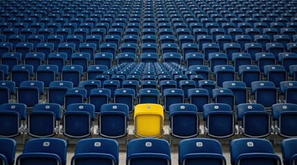 Fototapeta premium Bright yellow stadium seat among blue chairs, individuality and contrast concept in a sports venue setting, single vibrant seat standing out in neat rows of empty arena seating, clean pattern and bold