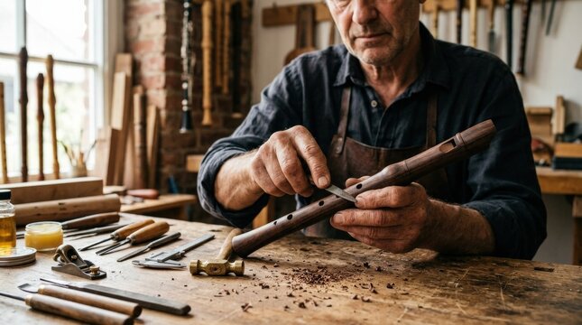 Crafting a flute with precision and artistry, detailed artisan scene with skilled hands, traditional instrument making and handcrafted workmanship for music, culture and creative trade themed content,