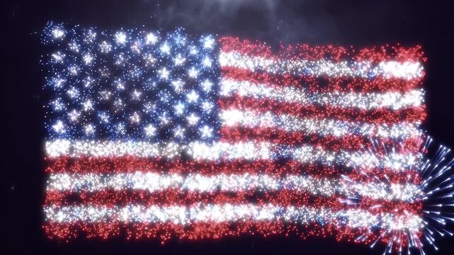 Cinematic 4K Slow Motion of Vibrant Fireworks Bursting into an American Flag Shape against a Dark Night Sky for 4th of July Celebrations