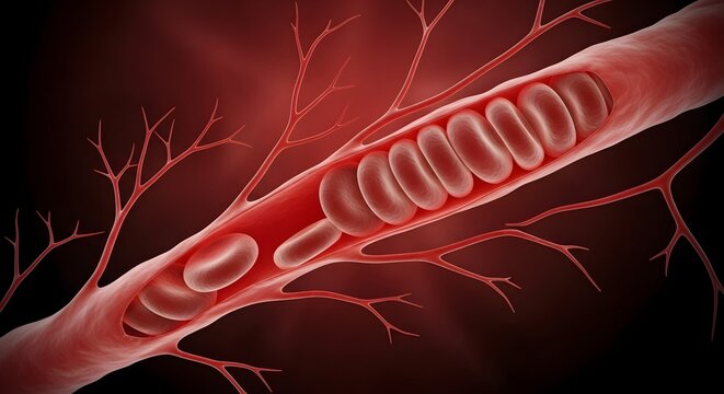 Detailed Medical Visualization of Blood Vessel Constriction with Slowed Circulation and Oxygen Deficiency in Human Microvascular System