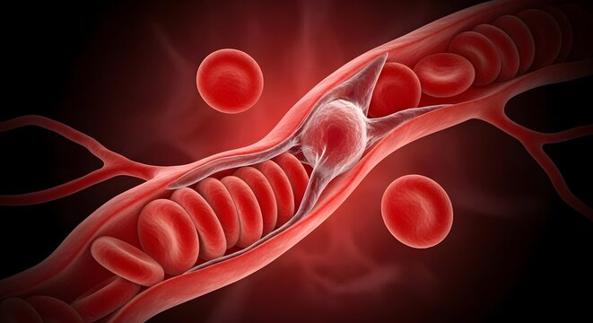 Close Up Medical Illustration of Blood Flow Disruption in Narrow Vessel with Impaired Oxygen Supply and Circulation System Dysfunction