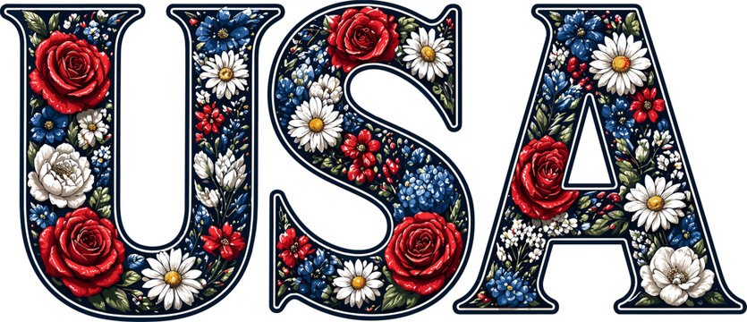 Floral USA Typography Patriotic Vintage Flower Design