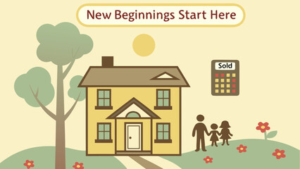 Fototapeta premium Spring real estate vector charming yellow house marked sold with family tree