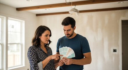 Fototapeta premium Couple Collaborating on Paint Color Selection for Home Renovation, Choosing Pastels in Bright Room