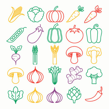 5x5 grid of 25 minimalist neon style vegetable icons colorful outline set