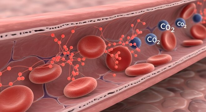 Detailed Medical Illustration of Capillary Blood Exchange Showing Oxygen and Nutrient Transfer Between Bloodstream and Tissue Cells