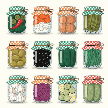 3x4 grid of 12 detailed glass jars with pickles vegetables for canning vector