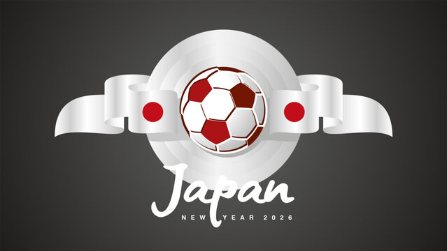 New Year 2026. Japanese flag ribbon in the shape of a seal emblem with football ball for the 2026 soccer championship on a black background vector