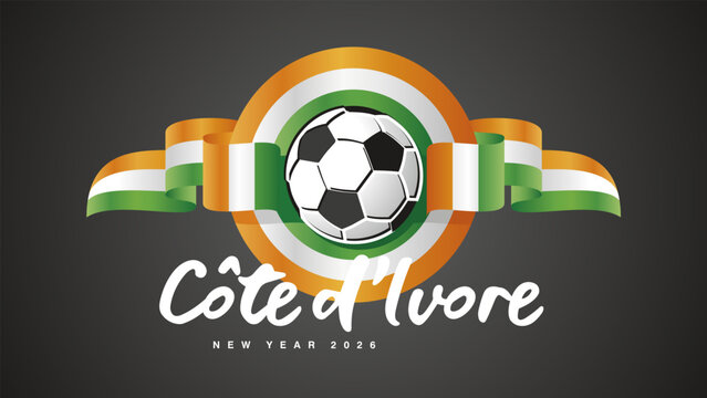 New Year 2026. Ivorian flag ribbon in the shape of a seal emblem with football ball for the 2026 soccer championship on a black background vector
