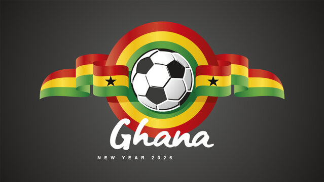 New Year 2026. Ghanaian flag ribbon in the shape of a seal emblem with football ball for the 2026 soccer championship on a black background vector