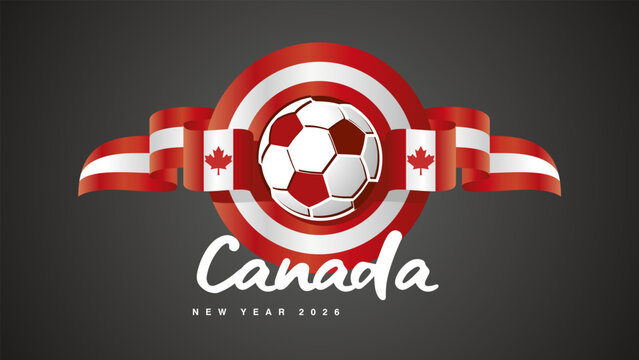 New Year 2026. Canadian flag ribbon in the shape of a seal emblem with football ball for the 2026 soccer championship on a black background vector