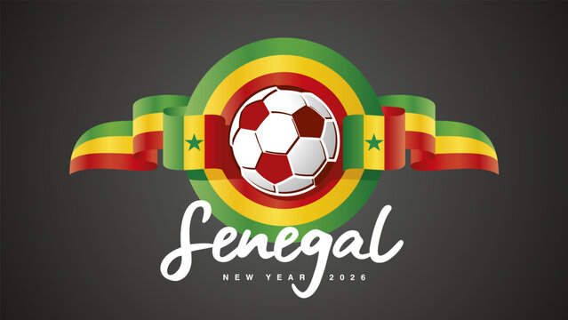 New Year 2026. Senegal flag ribbon in the shape of a seal emblem with football ball for the 2026 soccer championship on a black background vector