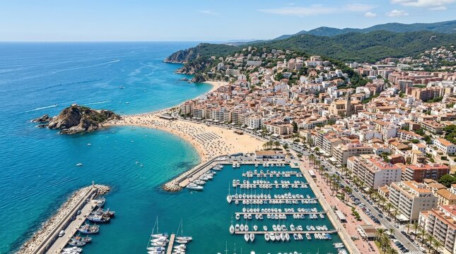 Aerial view of Blanes beach and harbour on the Costa Brava, Girona, Catalonia, Spain, coastal cityscape with marina, seaside tourism and Mediterranean shoreline, sweeping summer travel perspective,