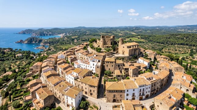 Hilltop village of Begur in Emporda, Costa Brava, Girona, Catalonia, Spain, elevated old town panorama with historic architecture and Mediterranean landscape, scenic travel destination, sunlit