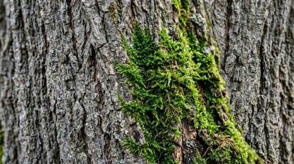 Obraz premium Closeup of gray bark texture with lush green moss, natural woodland surface detail for ecology, design backgrounds and organic branding, rich contrast between rough tree bark and fresh growth in a