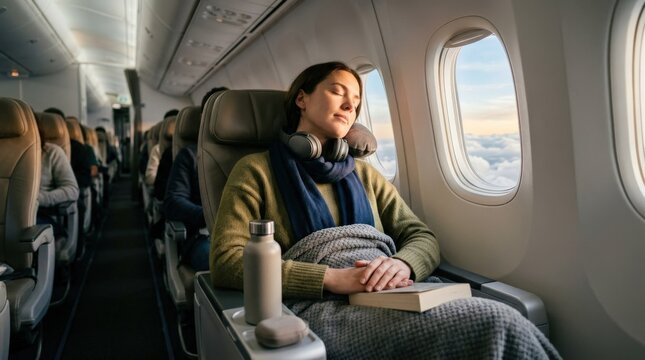 Resting at a flight with a calm airport or airplane moment, modern travel lifestyle concept for tourism, mobility and quiet downtime themes, relaxed posture and soft transit lighting create a peaceful