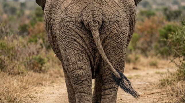 Full frame rear close-up of an elephant tail and wrinkled skin in Addo, Eastern Cape, South Africa, powerful wildlife texture study highlighting massive form, natural animal pattern and safari detail,
